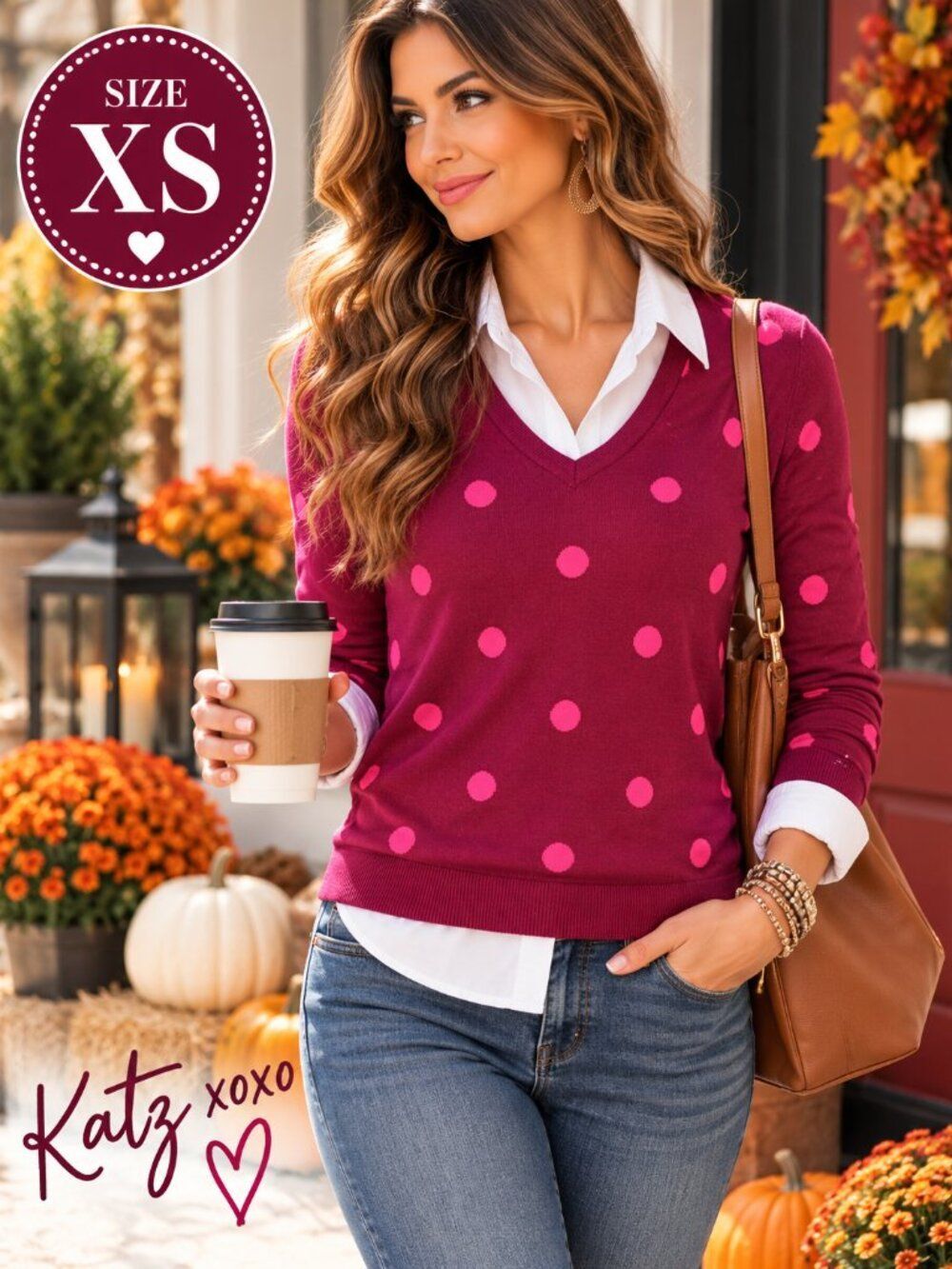 Tommy Hilfiger XS Raspberry Pink Polka Dot Pima Cotton V Neck Sweater Preppy